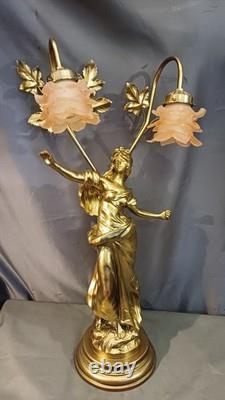 Tall Art Nouveau Auguste Moreau style figurine lamp. Frilled pink glass shades