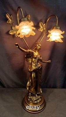 Tall Art Nouveau Auguste Moreau style figurine lamp. Frilled pink glass shades