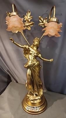 Tall Art Nouveau Auguste Moreau style figurine lamp. Frilled pink glass shades