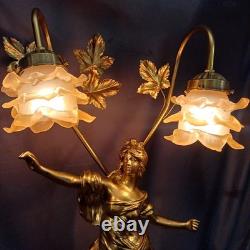 Tall Art Nouveau Auguste Moreau style figurine lamp. Frilled pink glass shades
