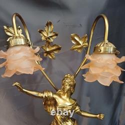 Tall Art Nouveau Auguste Moreau style figurine lamp. Frilled pink glass shades