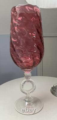 Tall Cranberry Wavy Patterned Italian Empoli Glass Vase With Ribbed Ring Stem