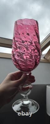 Tall Cranberry Wavy Patterned Italian Empoli Glass Vase With Ribbed Ring Stem