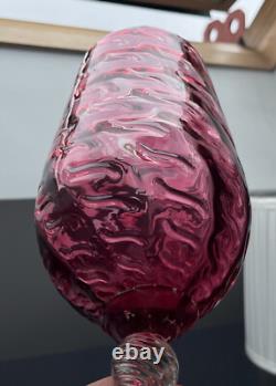 Tall Cranberry Wavy Patterned Italian Empoli Glass Vase With Ribbed Ring Stem