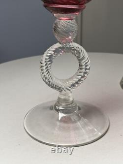Tall Cranberry Wavy Patterned Italian Empoli Glass Vase With Ribbed Ring Stem
