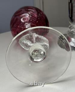Tall Cranberry Wavy Patterned Italian Empoli Glass Vase With Ribbed Ring Stem