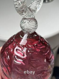 Tall Cranberry Wavy Patterned Italian Empoli Glass Vase With Ribbed Ring Stem