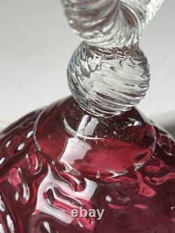 Tall Cranberry Wavy Patterned Italian Empoli Glass Vase With Ribbed Ring Stem