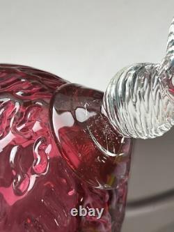 Tall Cranberry Wavy Patterned Italian Empoli Glass Vase With Ribbed Ring Stem