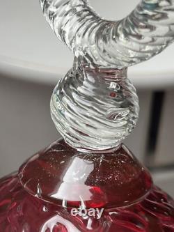 Tall Cranberry Wavy Patterned Italian Empoli Glass Vase With Ribbed Ring Stem