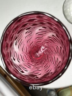 Tall Cranberry Wavy Patterned Italian Empoli Glass Vase With Ribbed Ring Stem