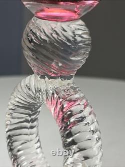 Tall Cranberry Wavy Patterned Italian Empoli Glass Vase With Ribbed Ring Stem