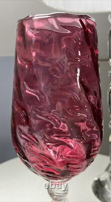 Tall Cranberry Wavy Patterned Italian Empoli Glass Vase With Ribbed Ring Stem