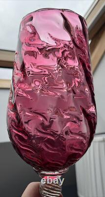 Tall Cranberry Wavy Patterned Italian Empoli Glass Vase With Ribbed Ring Stem