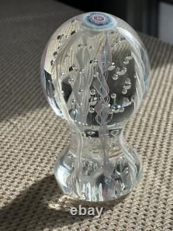 Tall Latticino Ribbon Art Glass Paperweight Blue Pink White Controlled Bubbles