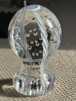 Tall Latticino Ribbon Art Glass Paperweight Blue Pink White Controlled Bubbles