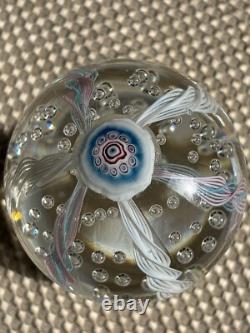 Tall Latticino Ribbon Art Glass Paperweight Blue Pink White Controlled Bubbles