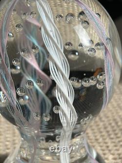Tall Latticino Ribbon Art Glass Paperweight Blue Pink White Controlled Bubbles