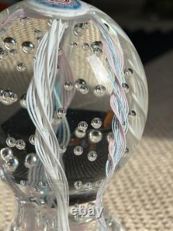 Tall Latticino Ribbon Art Glass Paperweight Blue Pink White Controlled Bubbles