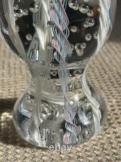 Tall Latticino Ribbon Art Glass Paperweight Blue Pink White Controlled Bubbles