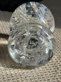 Tall Latticino Ribbon Art Glass Paperweight Blue Pink White Controlled Bubbles
