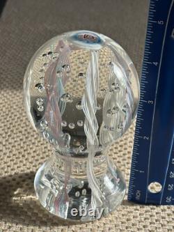 Tall Latticino Ribbon Art Glass Paperweight Blue Pink White Controlled Bubbles