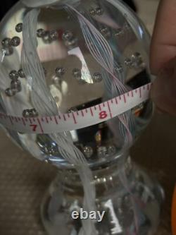 Tall Latticino Ribbon Art Glass Paperweight Blue Pink White Controlled Bubbles