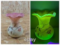 Thomas Webb Victorian Burmese Uranium Glass Vase Berry & Leaf' Pink Cream