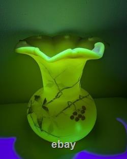 Thomas Webb Victorian Burmese Uranium Glass Vase Berry & Leaf' Pink Cream
