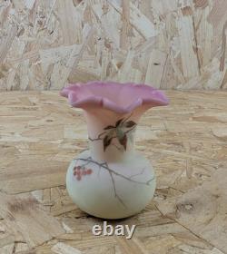 Thomas Webb Victorian Burmese Uranium Glass Vase Berry & Leaf' Pink Cream