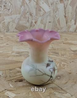Thomas Webb Victorian Burmese Uranium Glass Vase Berry & Leaf' Pink Cream