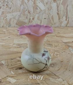 Thomas Webb Victorian Burmese Uranium Glass Vase Berry & Leaf' Pink Cream