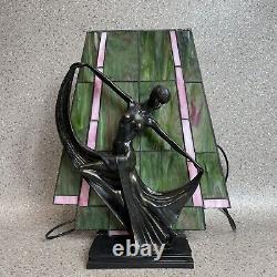 Tiffany Style, Art Deco Table Lamp, Pink / Green Stained Glass, Lady Figurine