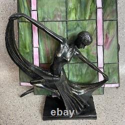 Tiffany Style, Art Deco Table Lamp, Pink / Green Stained Glass, Lady Figurine