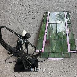 Tiffany Style, Art Deco Table Lamp, Pink / Green Stained Glass, Lady Figurine