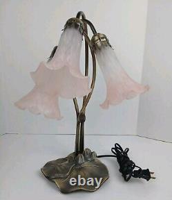 Tiffany Style Lily Pad Table Lamp 3 Pink Frosted Art Glass Tulip Shades Art Deco