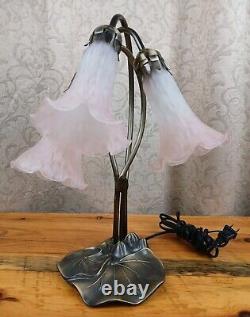 Tiffany Style Lily Pad Table Lamp 3 Pink Frosted Art Glass Tulip Shades Art Deco