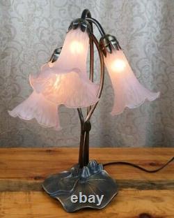 Tiffany Style Lily Pad Table Lamp 3 Pink Frosted Art Glass Tulip Shades Art Deco