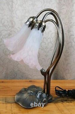 Tiffany Style Lily Pad Table Lamp 3 Pink Frosted Art Glass Tulip Shades Art Deco