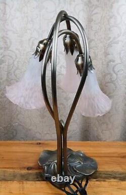 Tiffany Style Lily Pad Table Lamp 3 Pink Frosted Art Glass Tulip Shades Art Deco