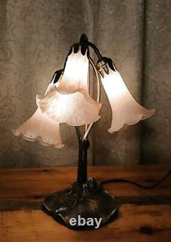 Tiffany Style Lily Pad Table Lamp 3 Pink Frosted Art Glass Tulip Shades Art Deco