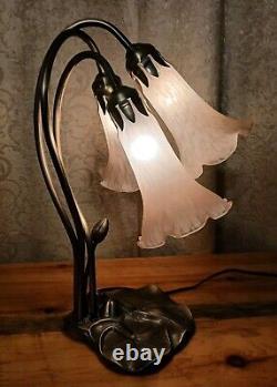 Tiffany Style Lily Pad Table Lamp 3 Pink Frosted Art Glass Tulip Shades Art Deco