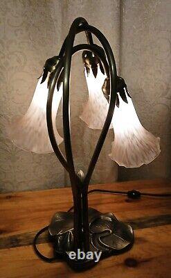 Tiffany Style Lily Pad Table Lamp 3 Pink Frosted Art Glass Tulip Shades Art Deco