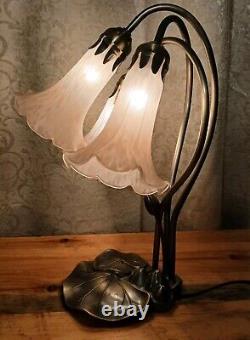 Tiffany Style Lily Pad Table Lamp 3 Pink Frosted Art Glass Tulip Shades Art Deco