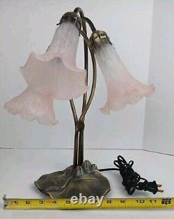 Tiffany Style Lily Pad Table Lamp 3 Pink Frosted Art Glass Tulip Shades Art Deco