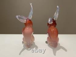 Two Pink Opalescent Glass Archimede Seguso Murano Rabbits