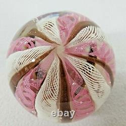 Unique Art Glass Paperweight withWhite & Pink Spiral Geometric Patterns Stunning