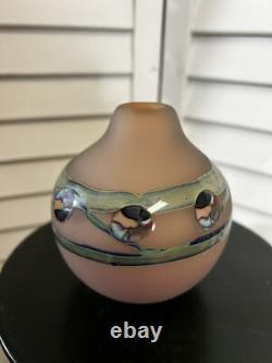 Unsigned ball vase pink with applied irridescent decoration stunning art glass