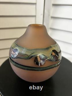 Unsigned ball vase pink with applied irridescent decoration stunning art glass
