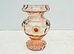 Unusual Czech Art Glass Vase Pink w Applied Green Red Flower Vintage 1930s